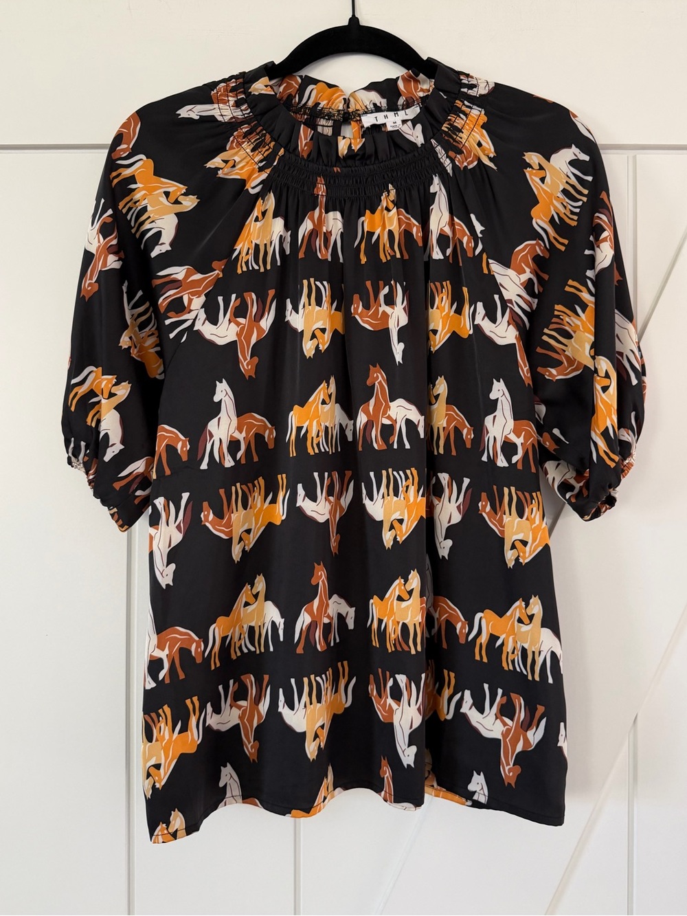THML Black and Brown Horse Print Satin Blouse Top - Picture 2 of 9
